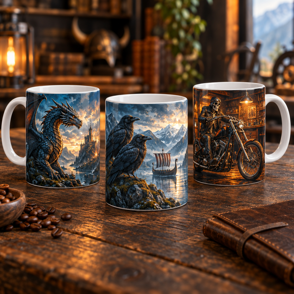 Neues Kategoriebild für Tassen für Männer mit Fantasy-, nordischen und Biker-Motiven