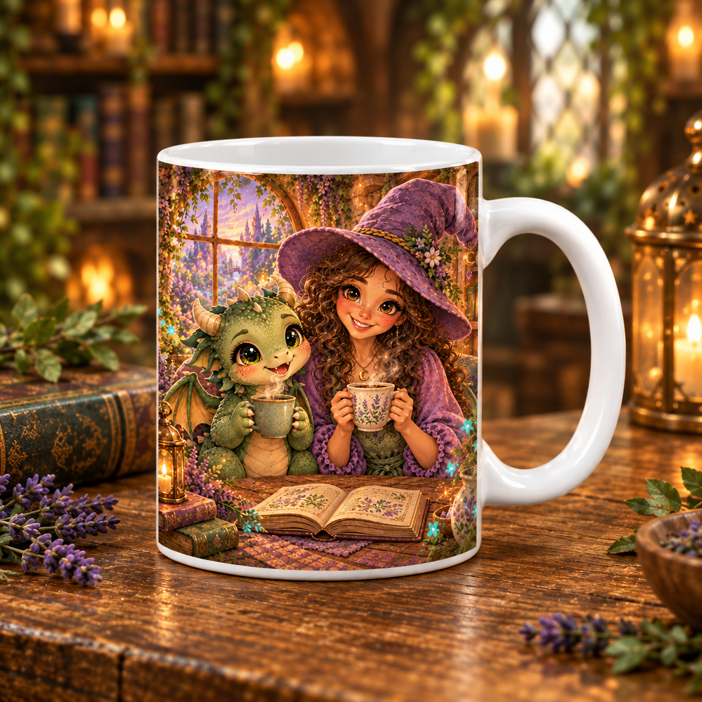 Kategoriebild mit Drachen-und-Hexen-Motiv auf einer Tasse vor gemütlichem Hintergrund