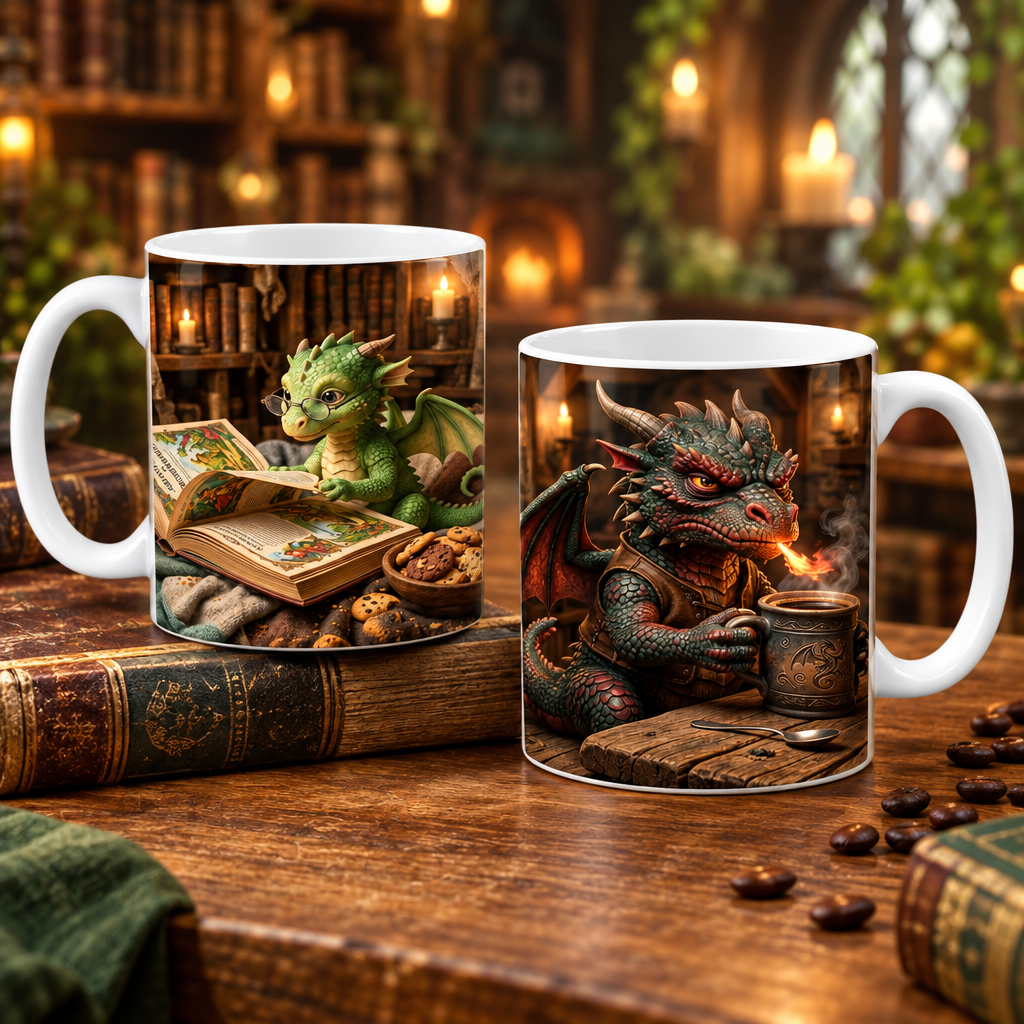 Kollektionsbild für Drachen-Tassen mit Bücherdrache und Kaffeedrache