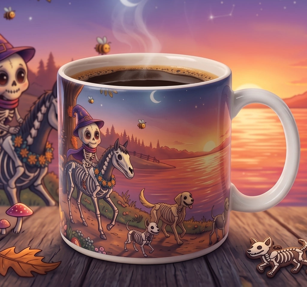 Magische Fantasy-Tasse mit niedlichem Skelett am See
