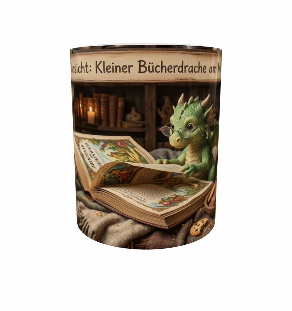 Lese-Tasse – Vorsicht: Kleiner Bücherdrache am Werk!