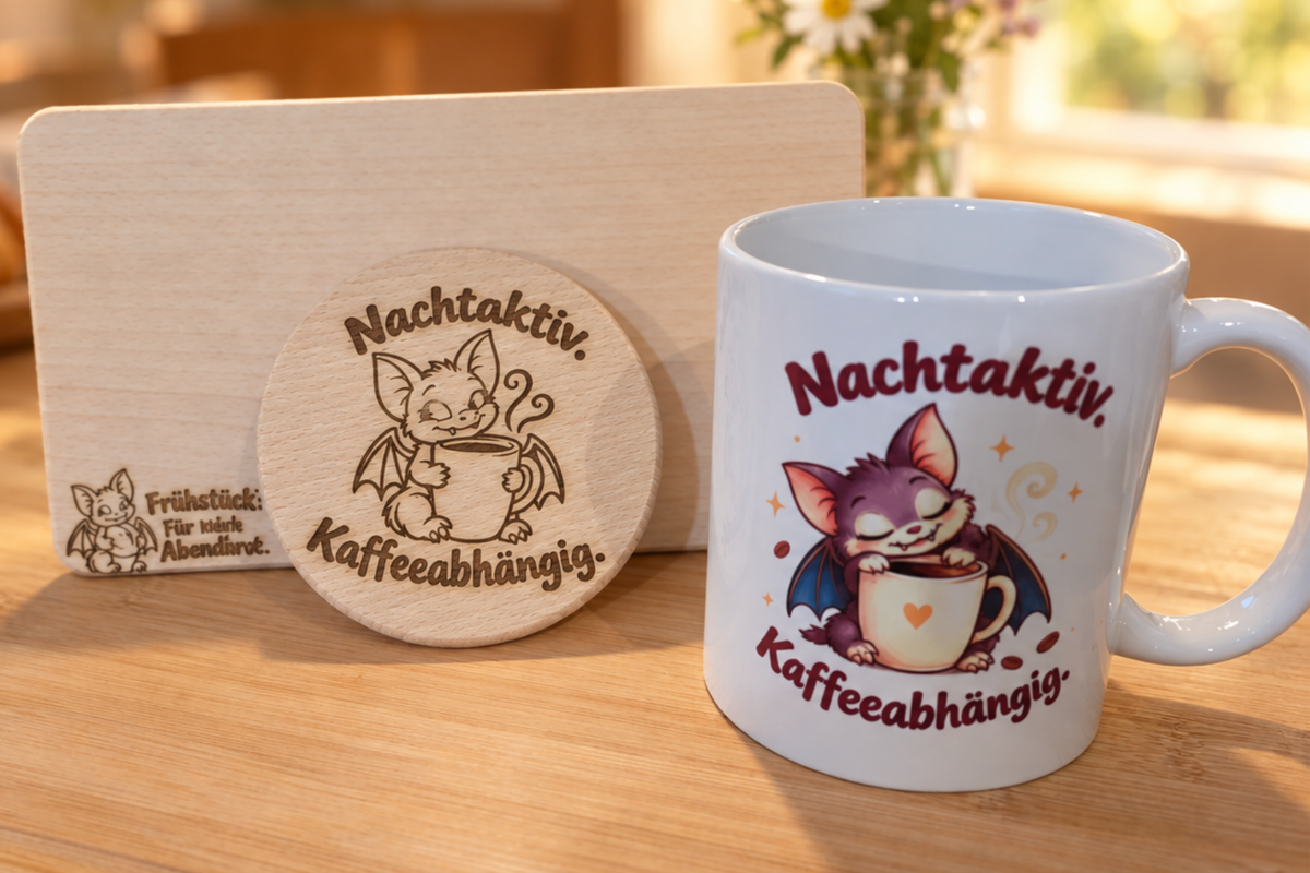 Dreiteiliges Fledermaus-Geschenkset mit weißer Motivtasse, graviertem Frühstücksbrettchen aus Buchenholz und rundem Holzuntersetzer.