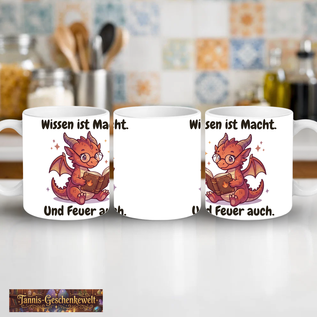 Wissen ist Macht. Und Feuer auch. – Drachen-Tasse