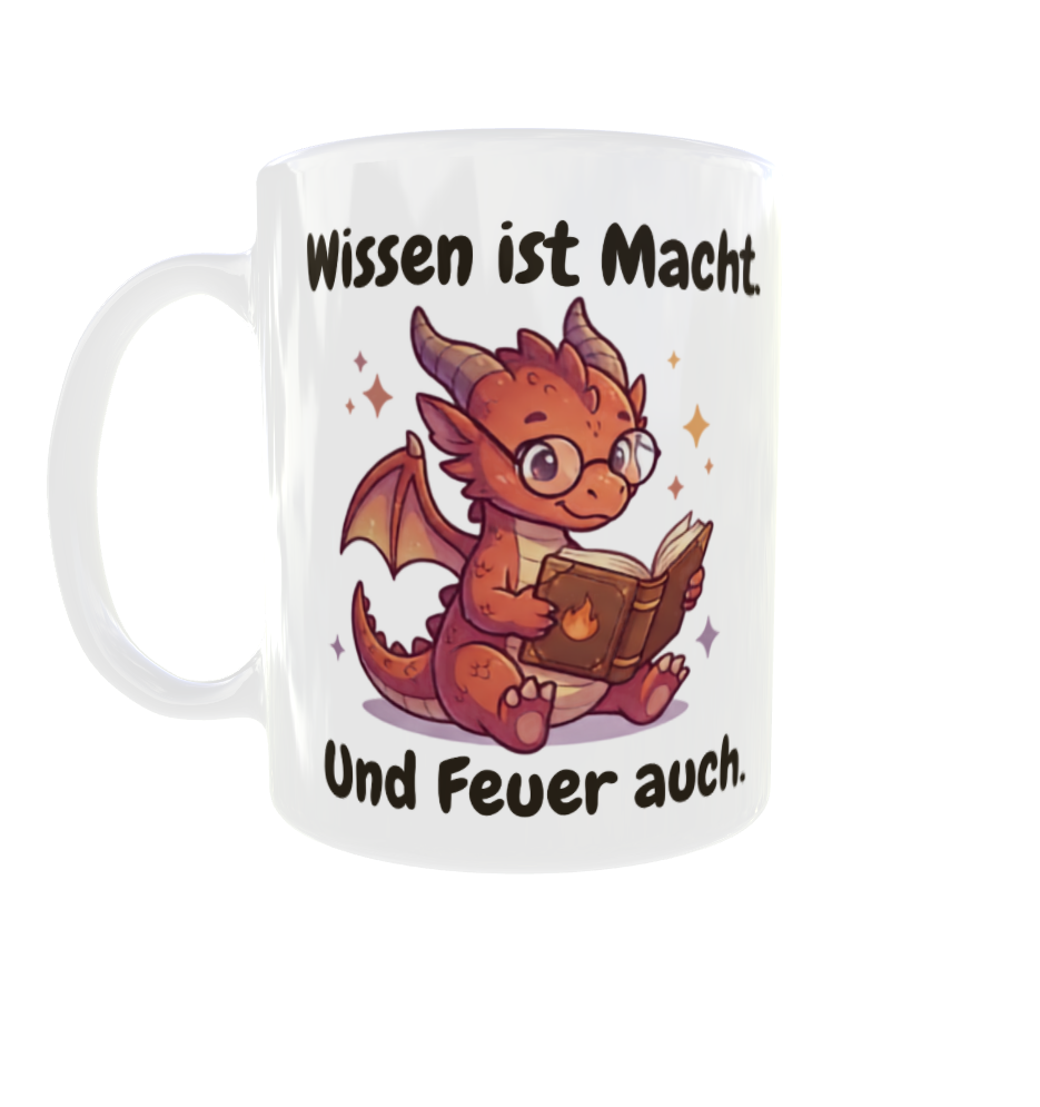 Wissen ist Macht. Und Feuer auch. – Drachen-Tasse