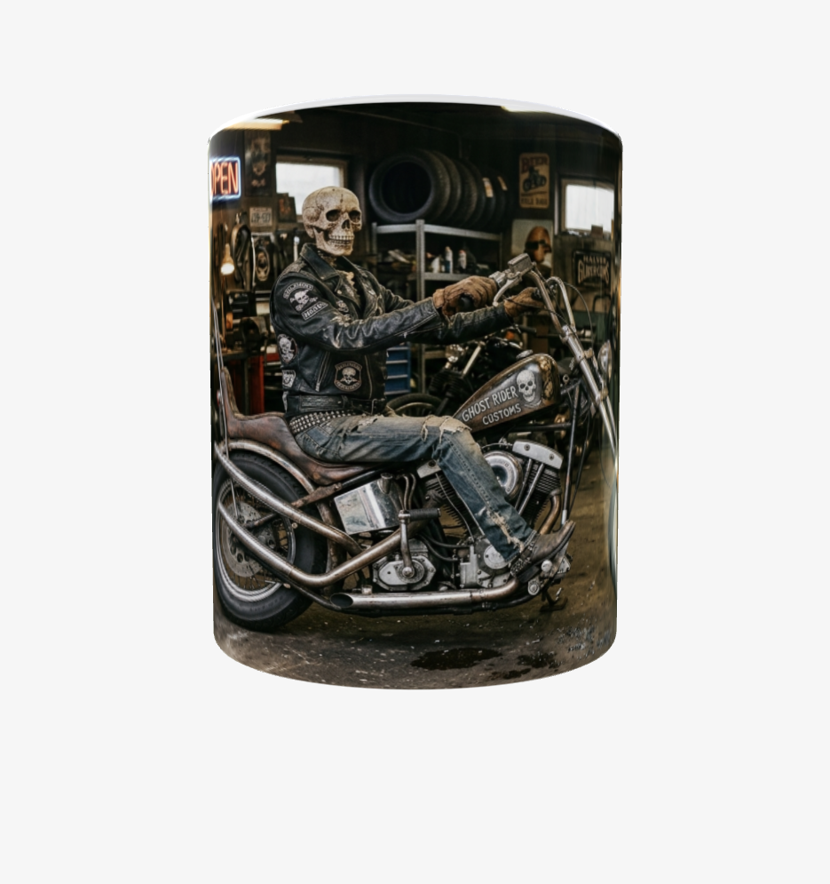 Ghost Rider Customs – Skelett in der Biker-Werkstatt | Tasse