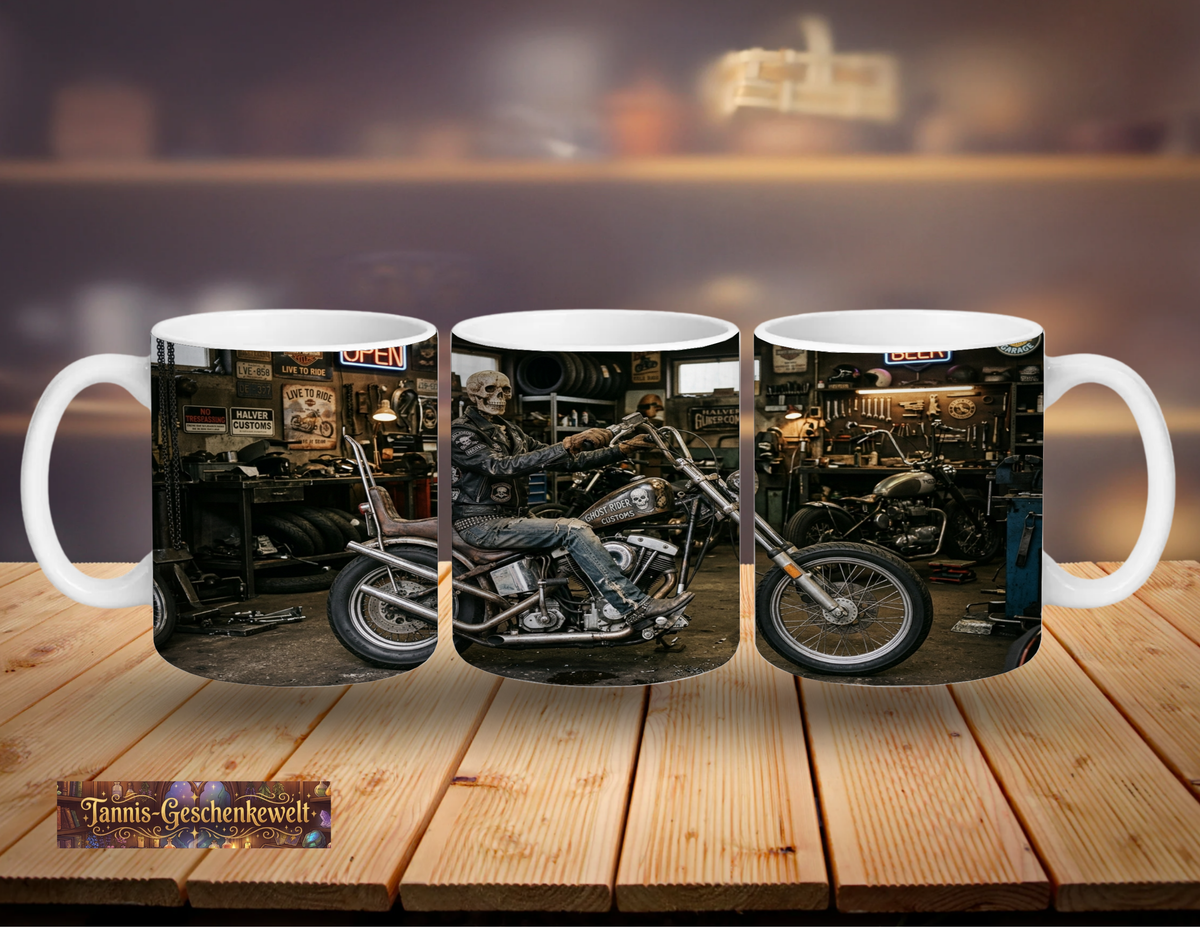 Ghost Rider Customs – Skelett in der Biker-Werkstatt | Tasse