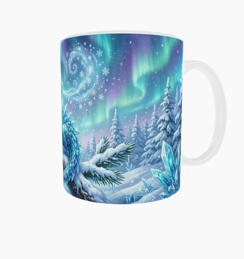 Eisdrachen-Tasse – Winterwald unter Polarlichtern