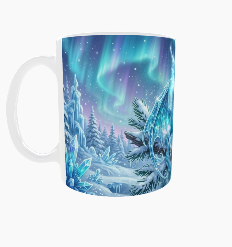 Eisdrachen-Tasse – Winterwald unter Polarlichtern
