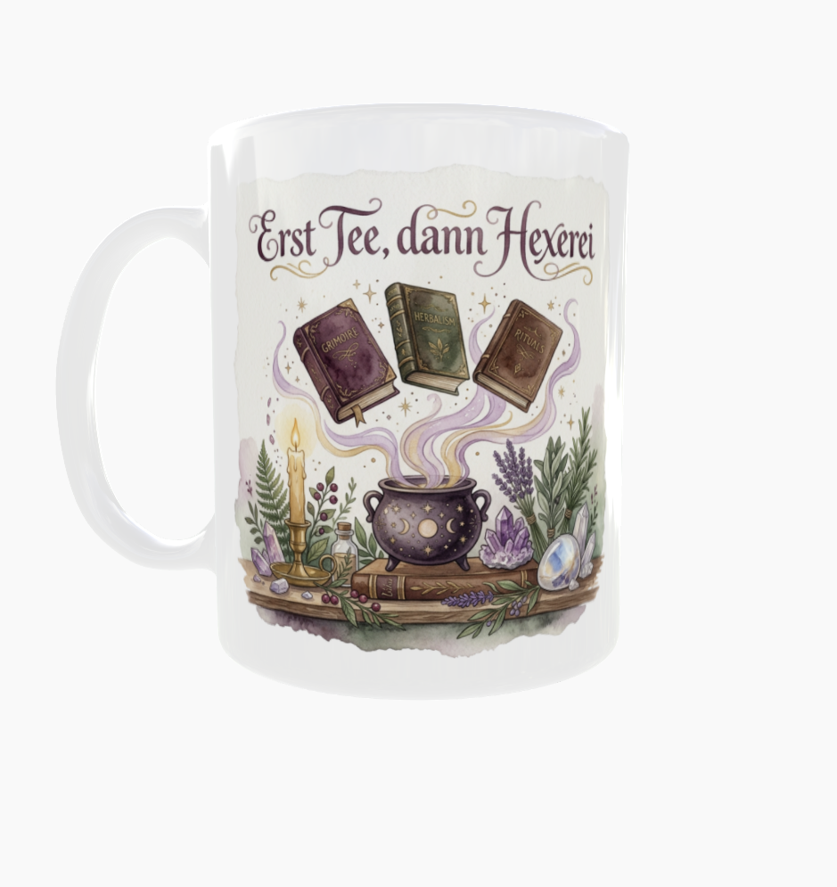 Weiße Tasse „Erst Tee, dann Hexerei“ mit Henkel links, schwebenden Zauberbüchern, Kessel und Kerze.
