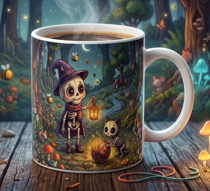 Magische Fantasy-Tasse mit Skelett & Katze