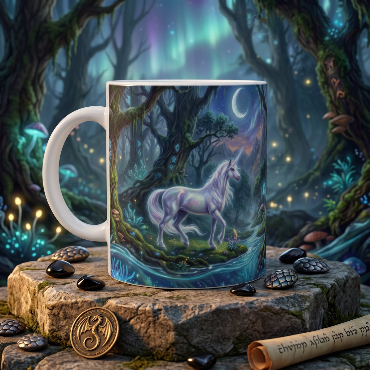Wo Magie auf Feuer trifft. – Fantasy-Tasse Einhorn & Drache