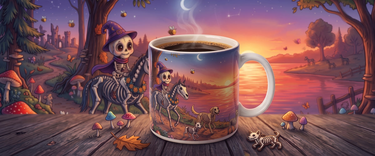 Magische Fantasy-Tasse mit niedlichem Skelett am See