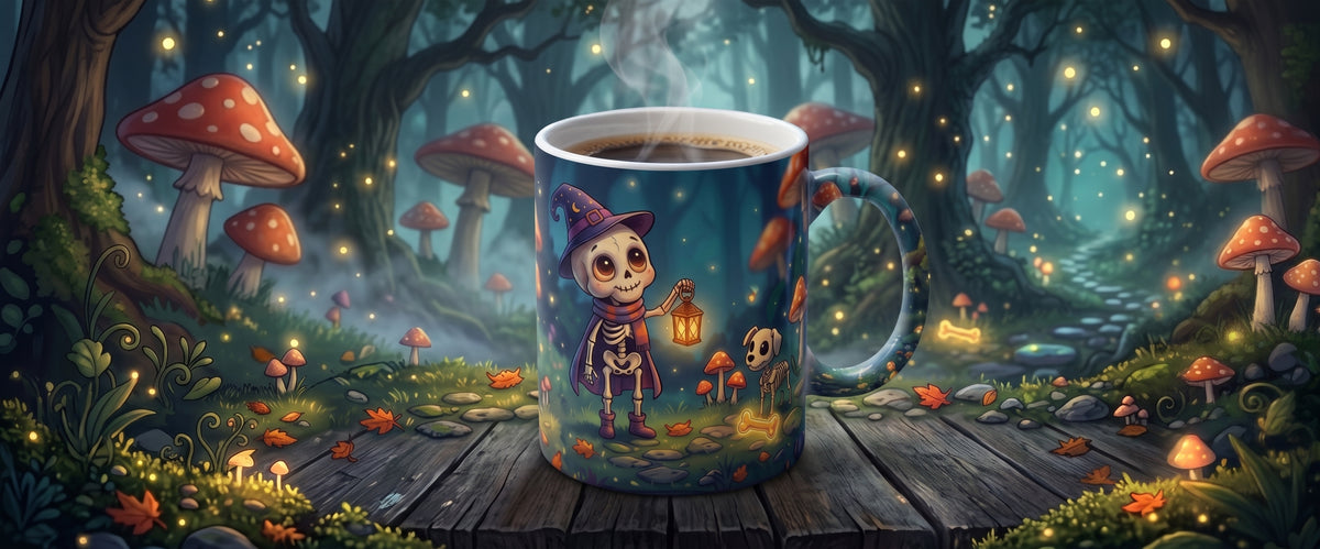 Magische Fantasy-Tasse mit niedlichem Skelett-Motiv