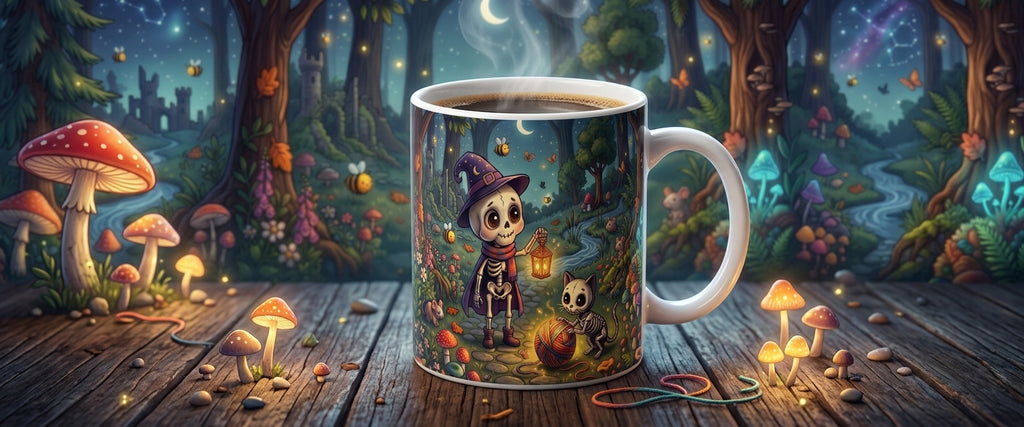 Magische Fantasy-Tasse mit Skelett & Katze