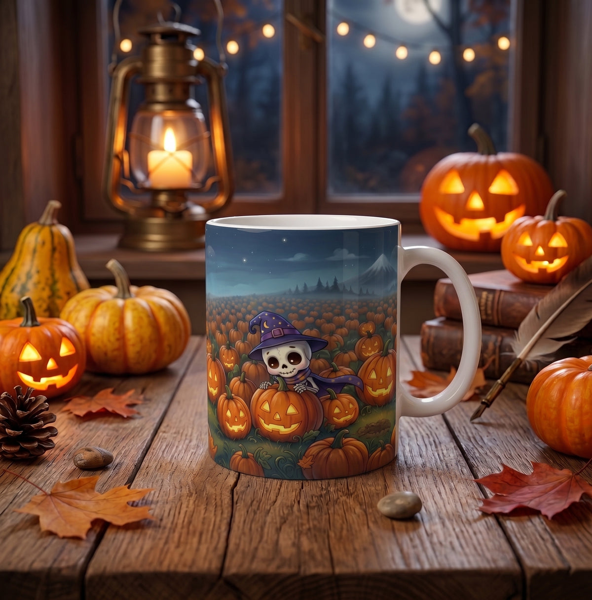 Halloween-Tasse | Skelett-Hexenkind im Kürbisfeld