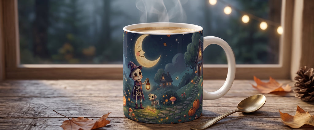 Magische Halloween-Tasse | Skelett-Kind bei Nacht