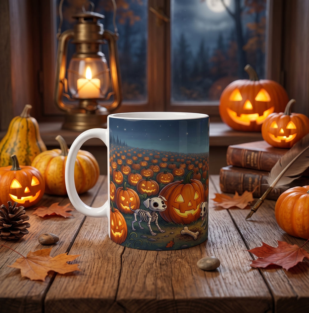 Halloween-Tasse | Skelett-Hexenkind im Kürbisfeld