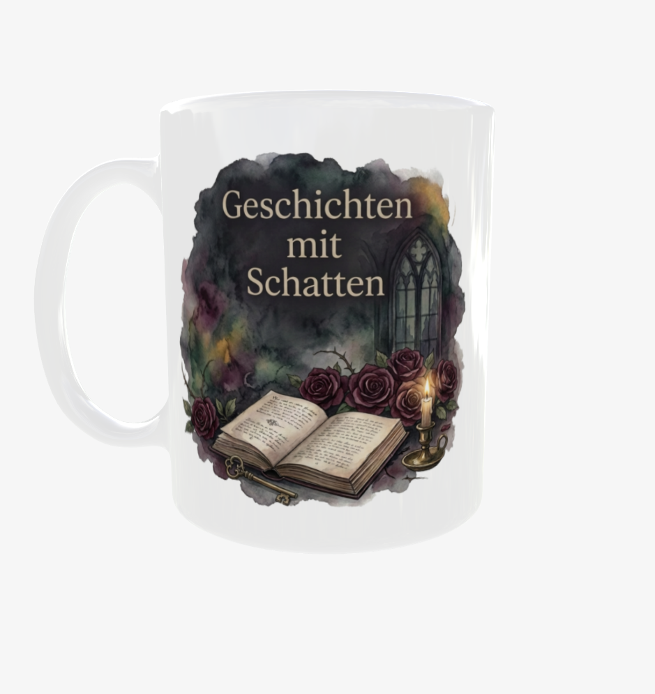 Weiße Tasse „Geschichten mit Schatten“ mit Henkel links, offenem Buch, dunklen Rosen, Schlüssel und Kerze.