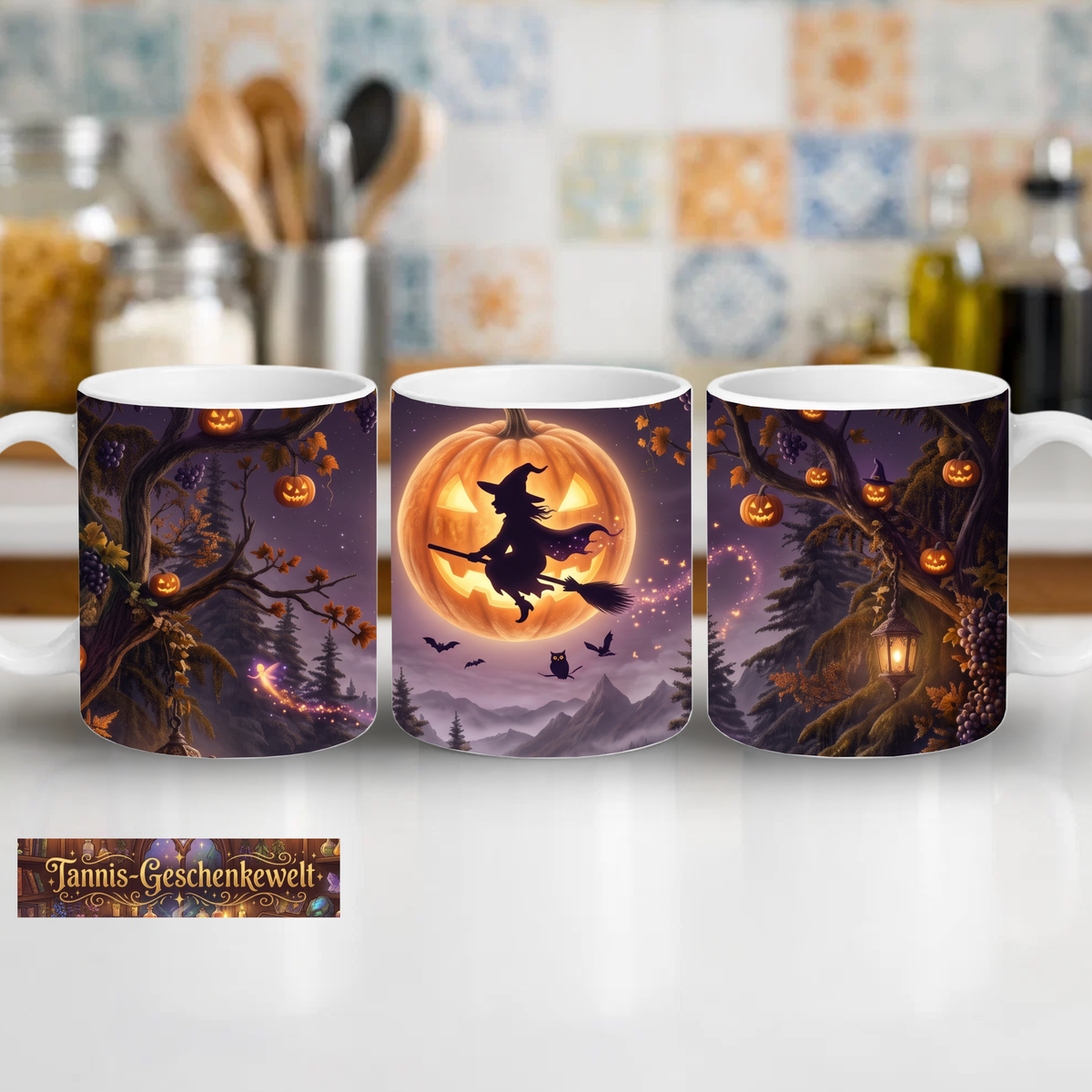 Hexe auf dem Besen – Halloween-Tasse mit Kürbismond
