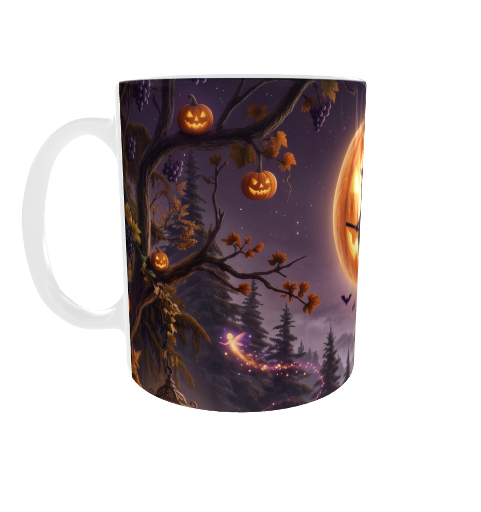 Hexe auf dem Besen – Halloween-Tasse mit Kürbismond