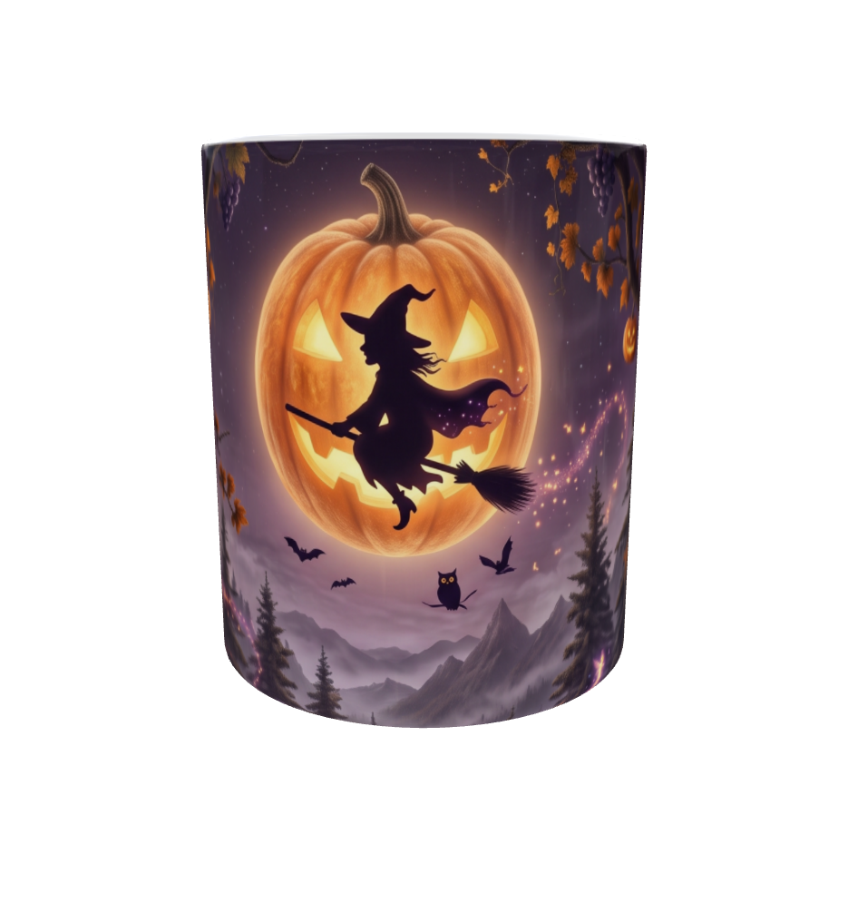 Hexe auf dem Besen – Halloween-Tasse mit Kürbismond