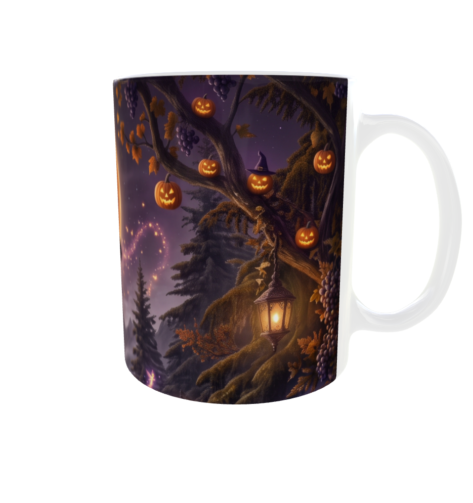 Hexe auf dem Besen – Halloween-Tasse mit Kürbismond