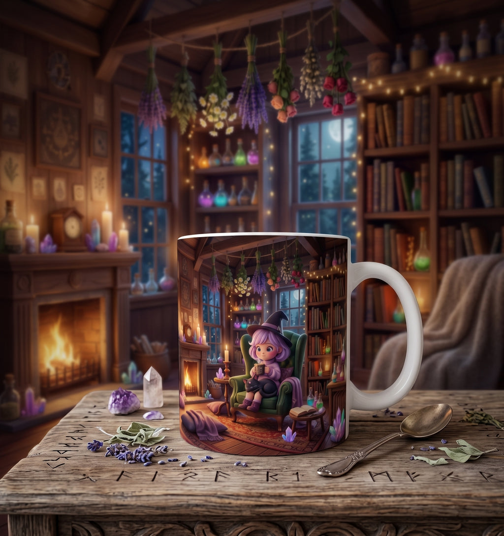 Tasse Cozy Witch | Kleine Hexe in der Zauberbibliothek
