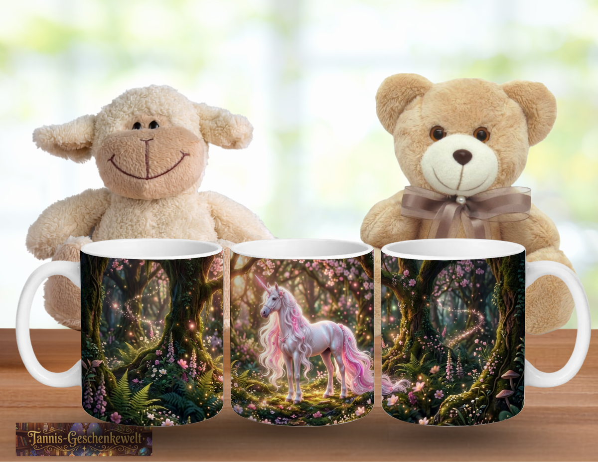 Weißes Einhorn im Kirschblütenwald – Magische Kindertasse