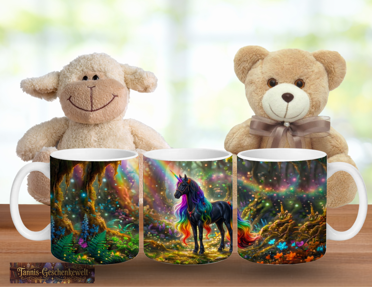 Schwarzes Einhorn mit Regenbogenmähne – Magische Kindertasse