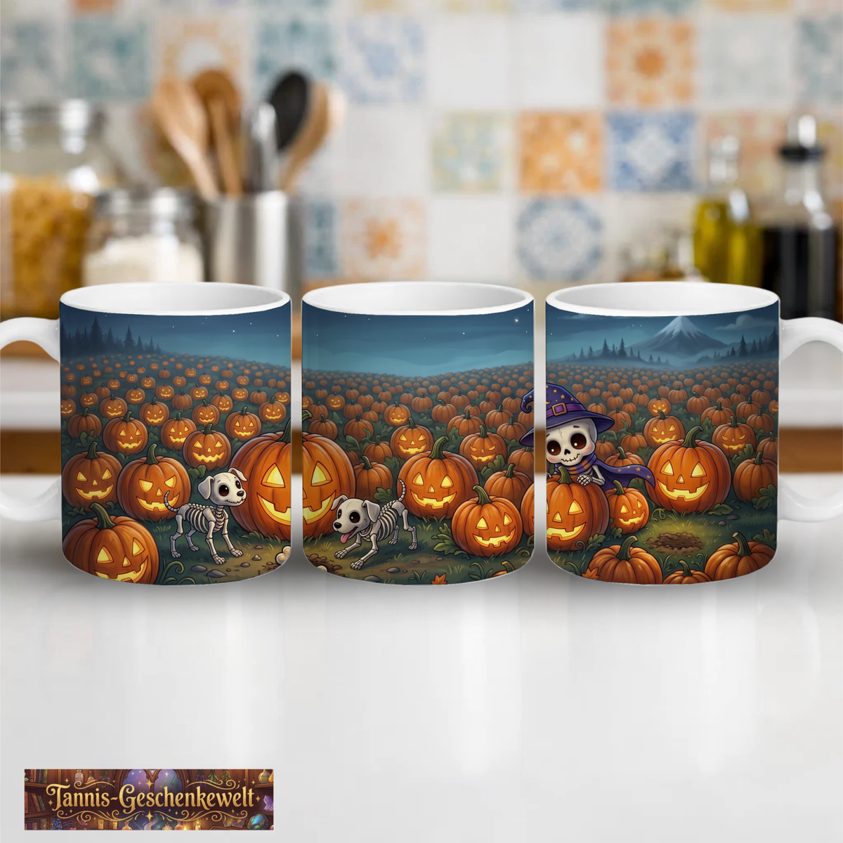 Halloween-Tasse | Skelett-Hexenkind im Kürbisfeld