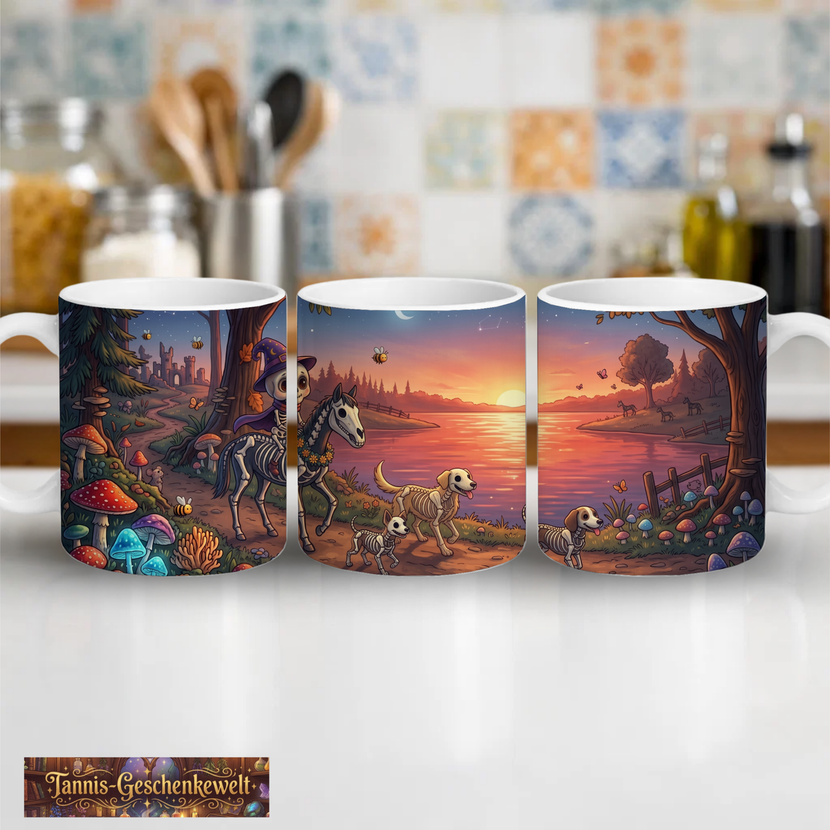 Magische Fantasy-Tasse mit niedlichem Skelett am See