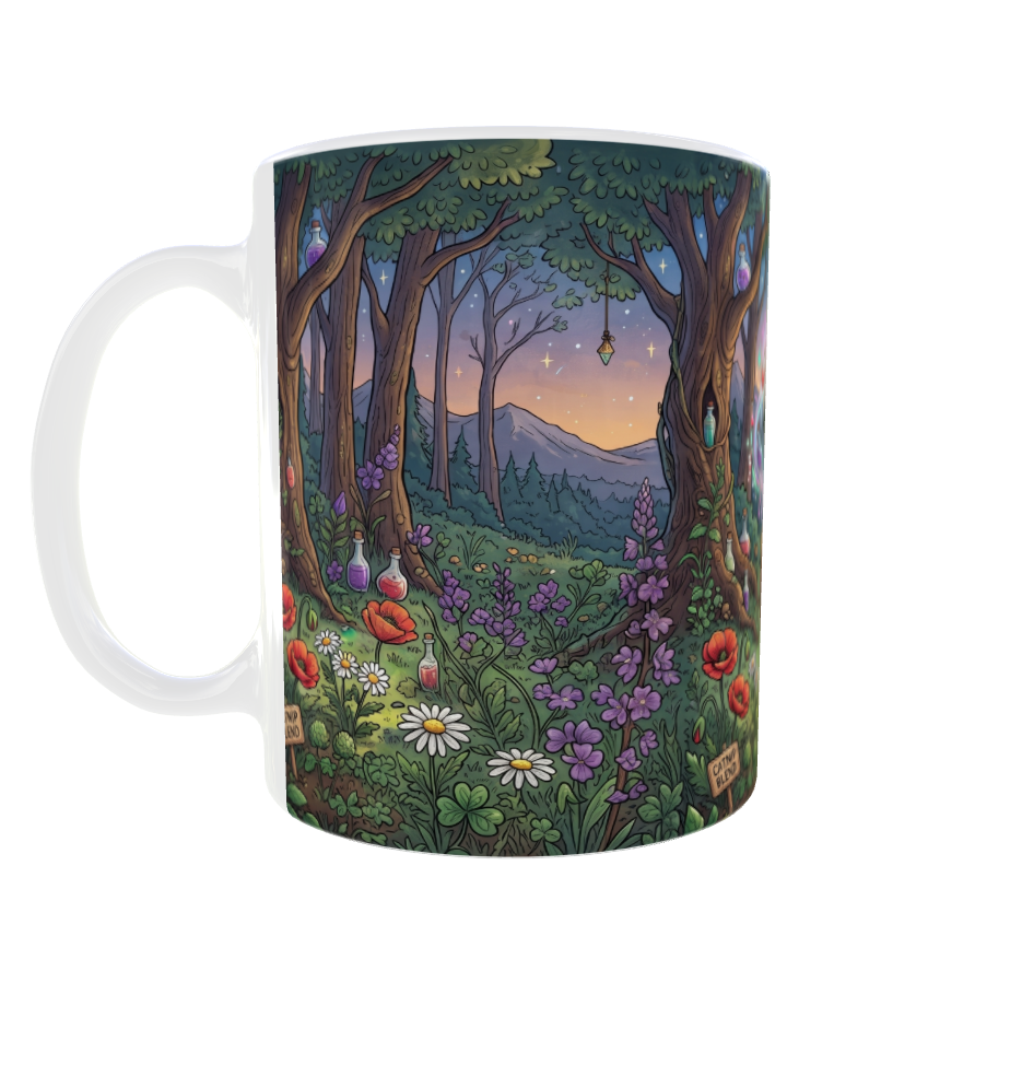 Kräuterhexe Tasse – Rückseite mit leuchtendem Zauberwald und Abendhimmel