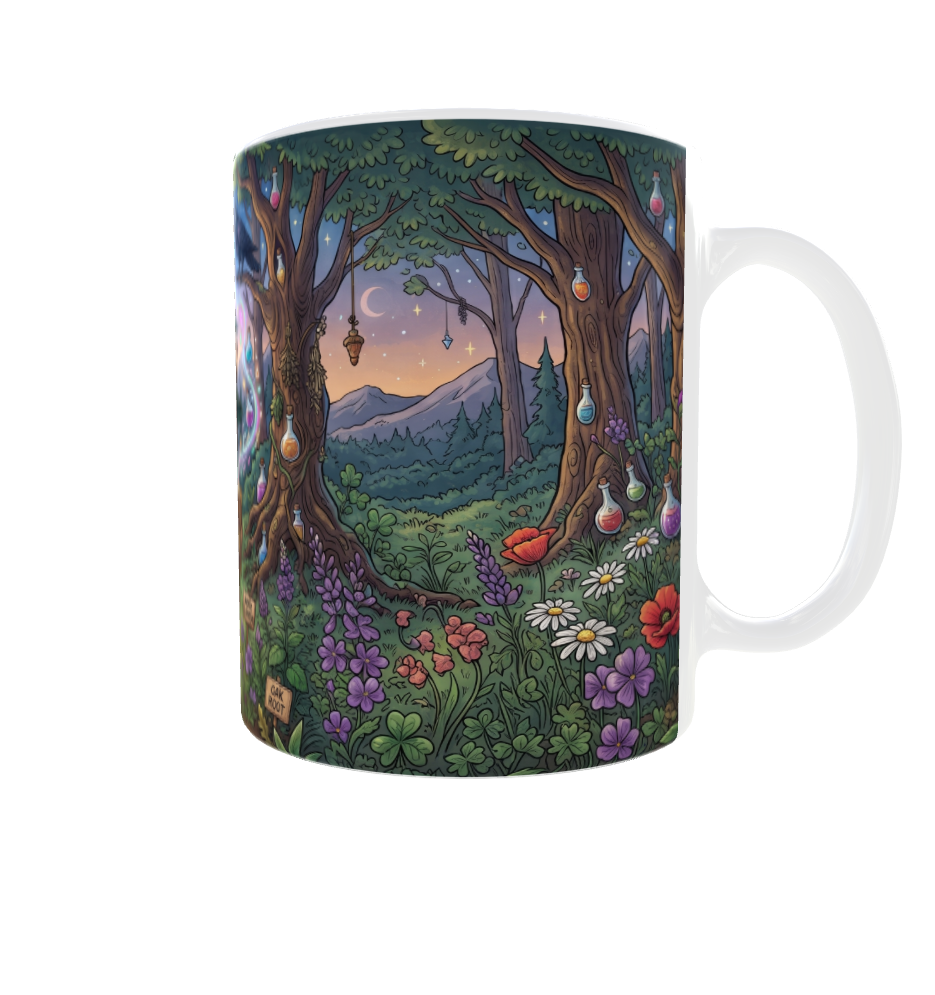 Kräuterhexe Tasse – Seitenansicht mit magischem Waldmotiv und Zaubertränken