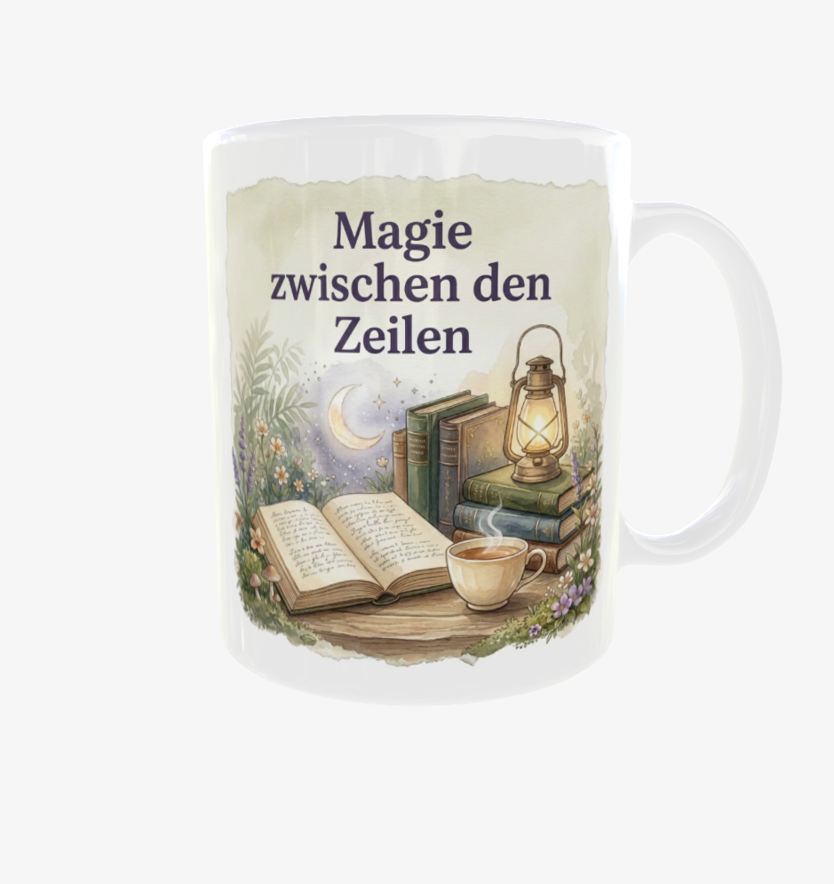 Weiße Lese-Tasse mit Henkel rechts, dem Spruch ‚Magie zwischen den Zeilen‘, Mondsichel, offenem Buch und leuchtender Laterne.