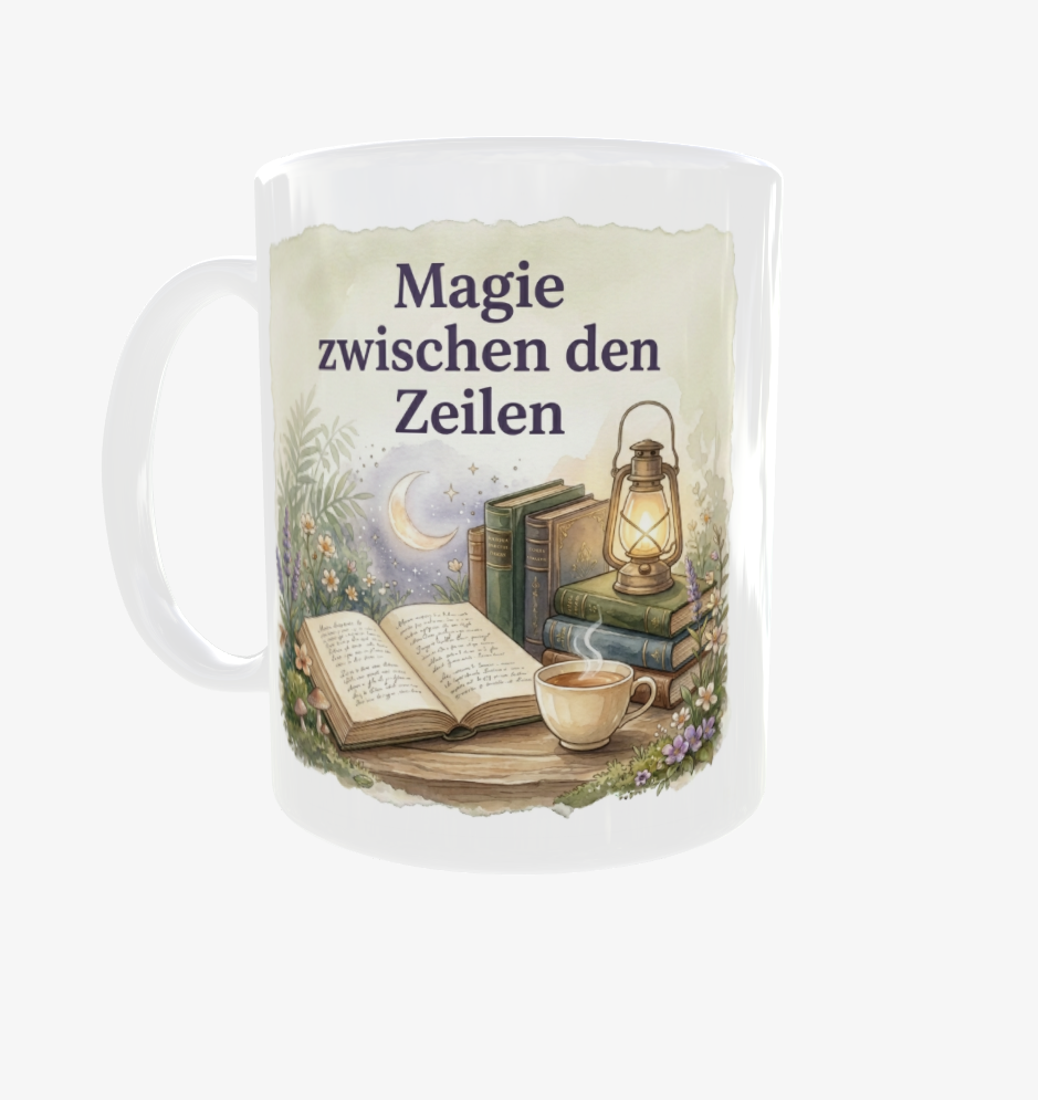 Weiße Lese-Tasse mit Henkel links und dem Motiv ‚Magie zwischen den Zeilen‘ mit Mond, Sternen, Bücherstapeln und Tee