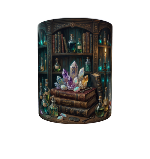 Magische Bibliothek Tasse – Detailansicht mit alten Büchern, Kristallen und mystischen Tränkeflaschen
