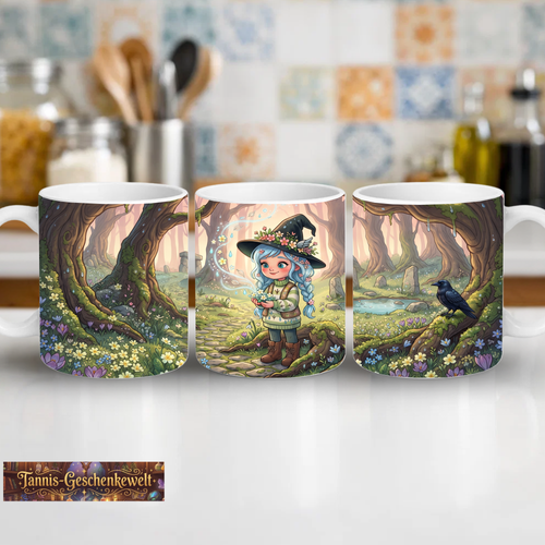 Magische Keramiktasse mit blauhaariger Waldhexe, Kristallen und Wildblumen im Zauberwald