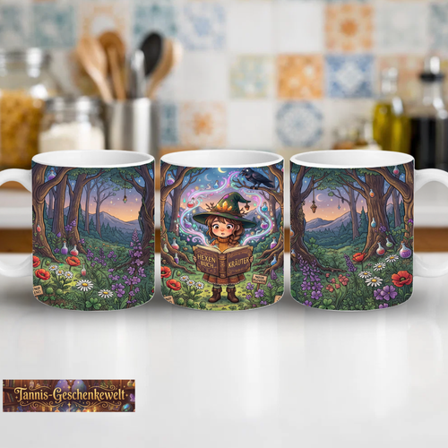 Magische Keramiktasse mit junger Kräuterhexe, Hexenbuch und Zaubertränken im Zauberwald