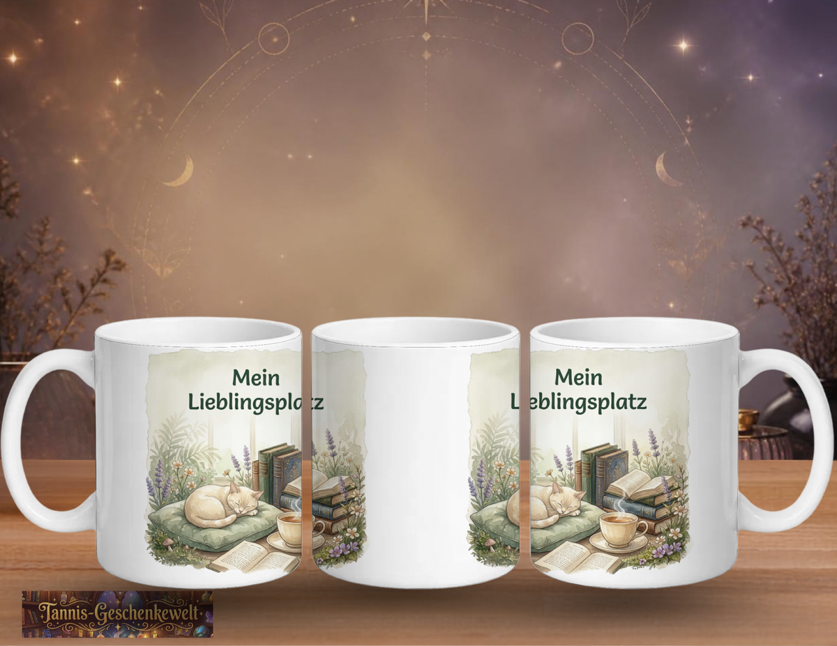 Drei Ansichten einer weißen Lese-Tasse mit dem Spruch ‚Mein Lieblingsplatz‘, schlafender Katze, Büchern und Tee.