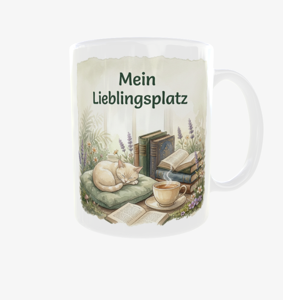 Weiße Lese-Tasse mit Henkel rechts, dem Spruch ‚Mein Lieblingsplatz‘ und einer schlafenden Katze auf grünem Kissen neben Büchern und Tee.