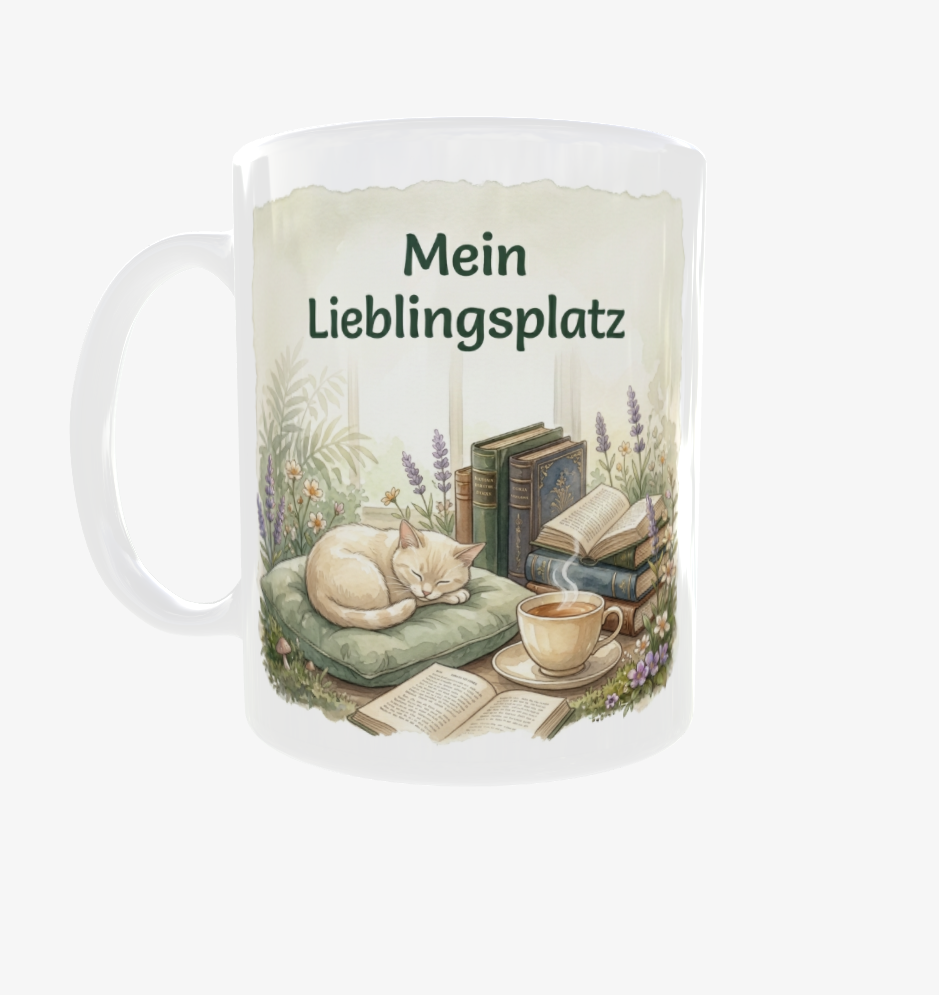 Weiße Lese-Tasse mit Henkel links und dem Motiv ‚Mein Lieblingsplatz‘ mit cremefarbener Katze, Bücherstapeln und Teetasse.
