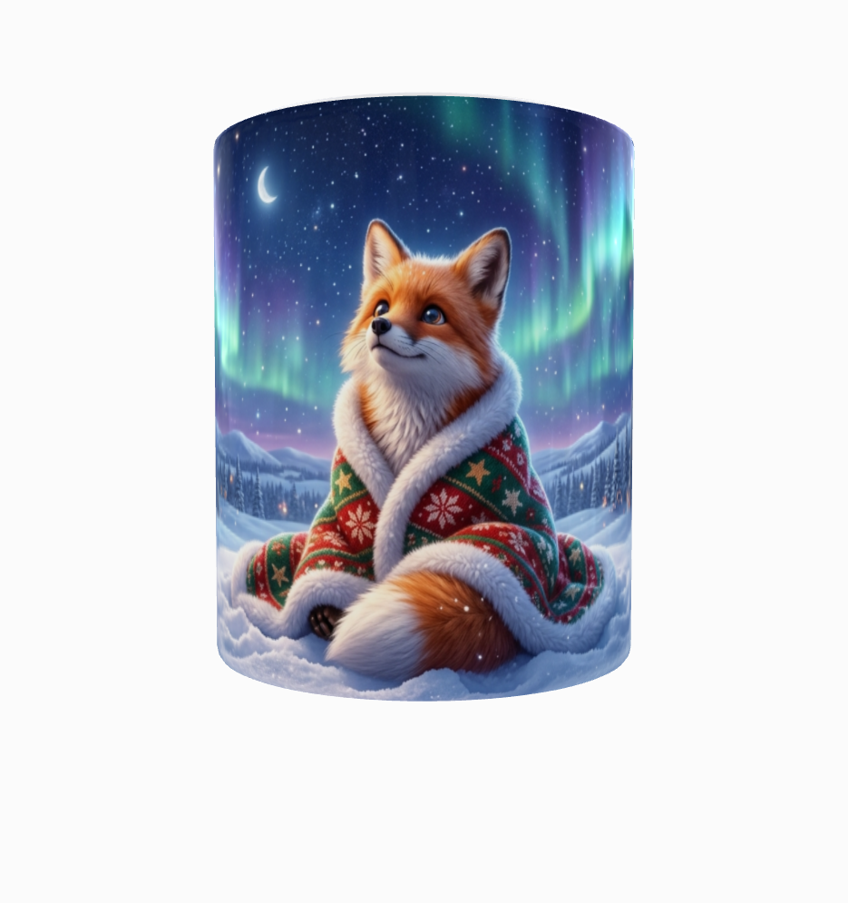 Kuscheliger Fuchs unter Nordlichtern – Winterliche Weihnachtstasse