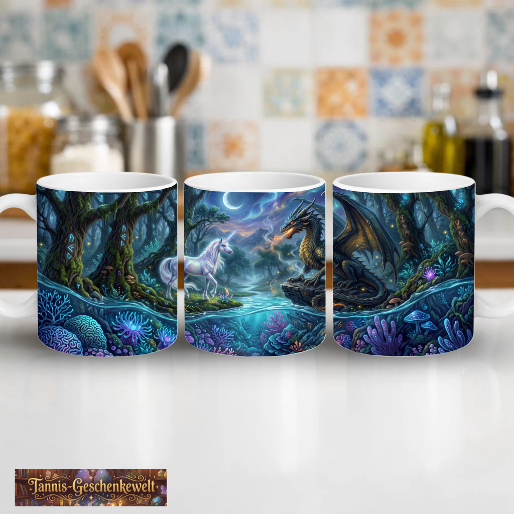 Wo Magie auf Feuer trifft. – Fantasy-Tasse Einhorn & Drache
