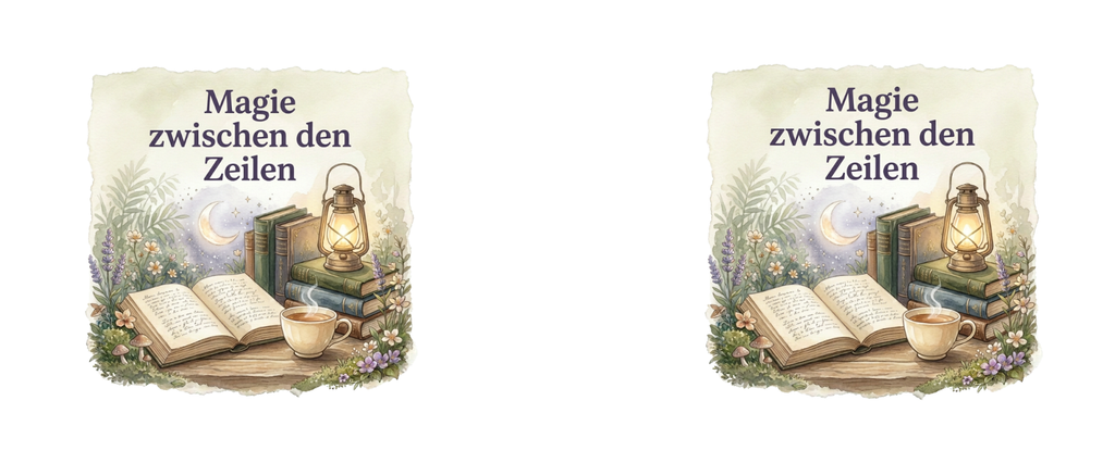 Zwei nebeneinander angeordnete Lesemotive ‚Magie zwischen den Zeilen‘ mit Mondsichel, Büchern, Tee und Laterne.