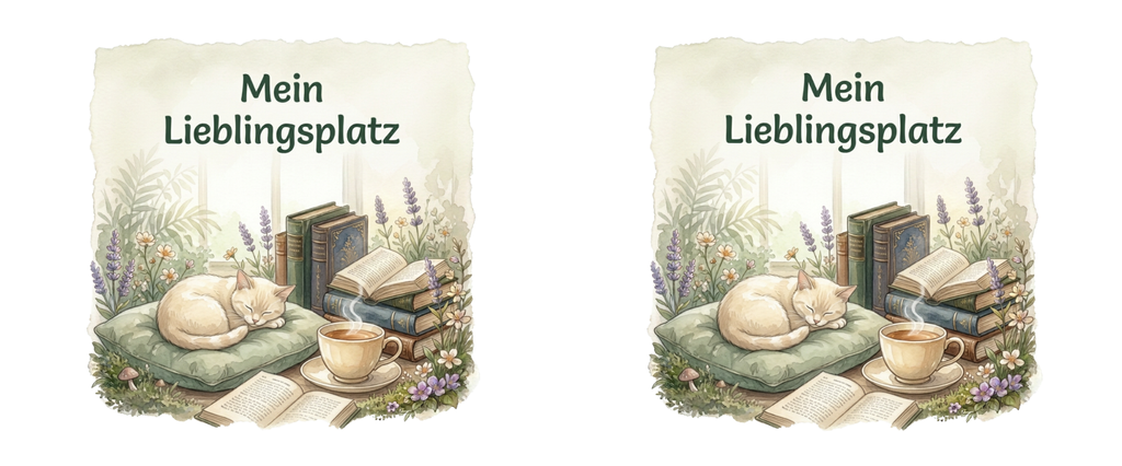 Zwei nebeneinander angeordnete Lesemotive ‚Mein Lieblingsplatz‘ mit schlafender Katze, Büchern und Tee