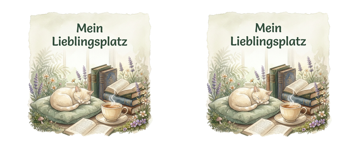 Zwei nebeneinander angeordnete Lesemotive ‚Mein Lieblingsplatz‘ mit schlafender Katze, Büchern und Tee