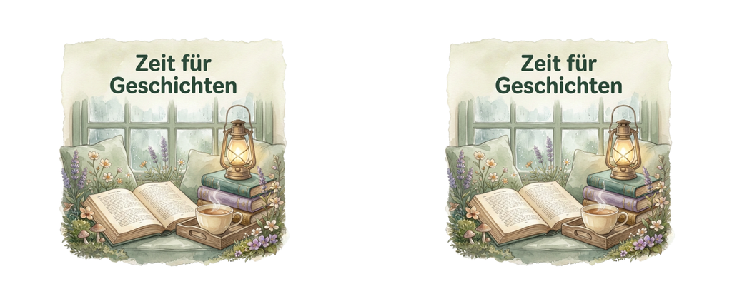 Zwei nebeneinander angeordnete Lesemotive ‚Zeit für Geschichten‘ mit Fensterplatz, offenem Buch, Tee und Laterne.