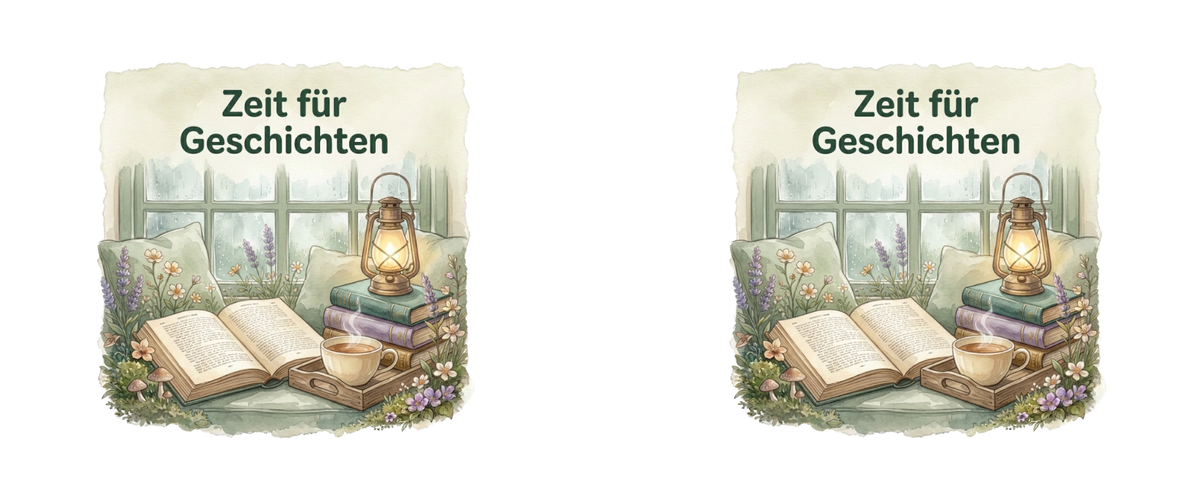 Zwei nebeneinander angeordnete Lesemotive ‚Zeit für Geschichten‘ mit Fensterplatz, offenem Buch, Tee und Laterne.