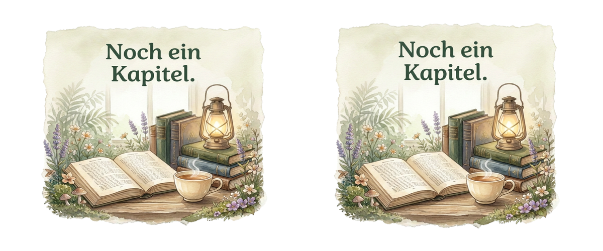 Zwei nebeneinander angeordnete Lesemotive mit dem Spruch ‚Noch ein Kapitel.‘, Büchern, Tee und Laterne.
