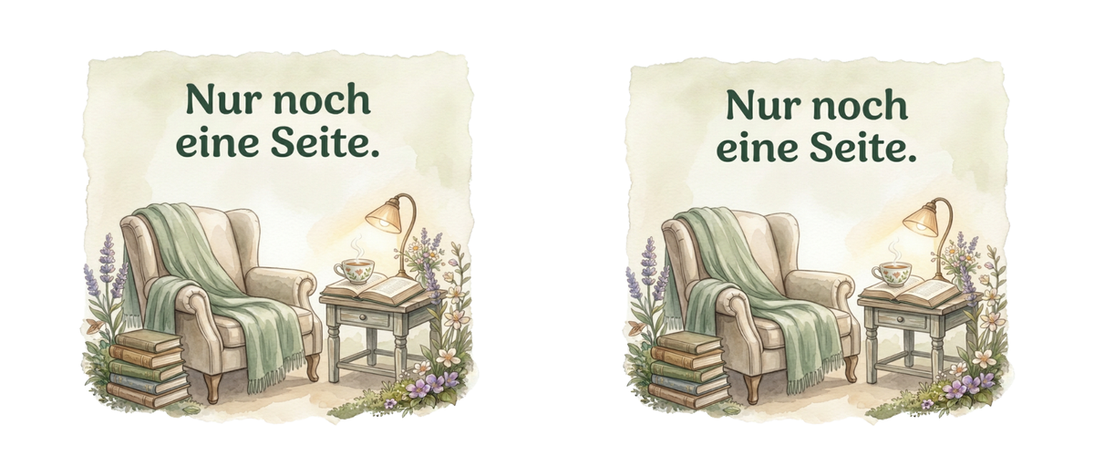 Zwei nebeneinander angeordnete Lesemotive mit dem Spruch ‚Nur noch eine Seite.‘, Sessel, Büchern, Tee und Leselampe.